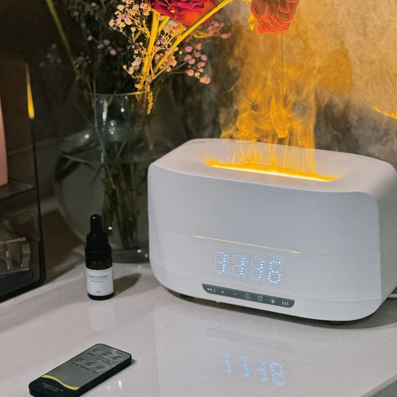 3-in-1 Flame Humidifier with Bluetooth Speaker & Alarm Clock - White