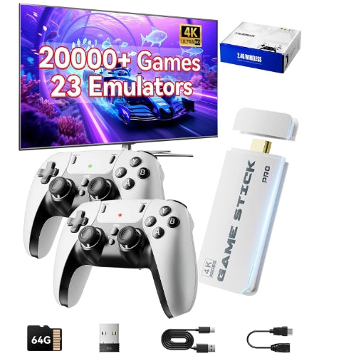 Game console with controllers, memory card, and cables on a white background