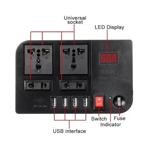300W Power Inverter Car Charger Adapter, DC to AC Converter. 12V/24V to 110V/220V, for Laptops, Smartphones, and Appliances, Compact and Portable