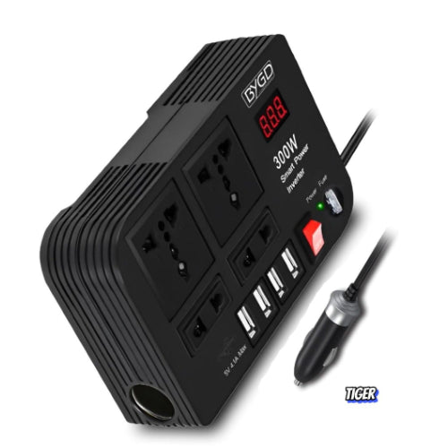 Black power inverter with multiple outlets and USB ports on a white background