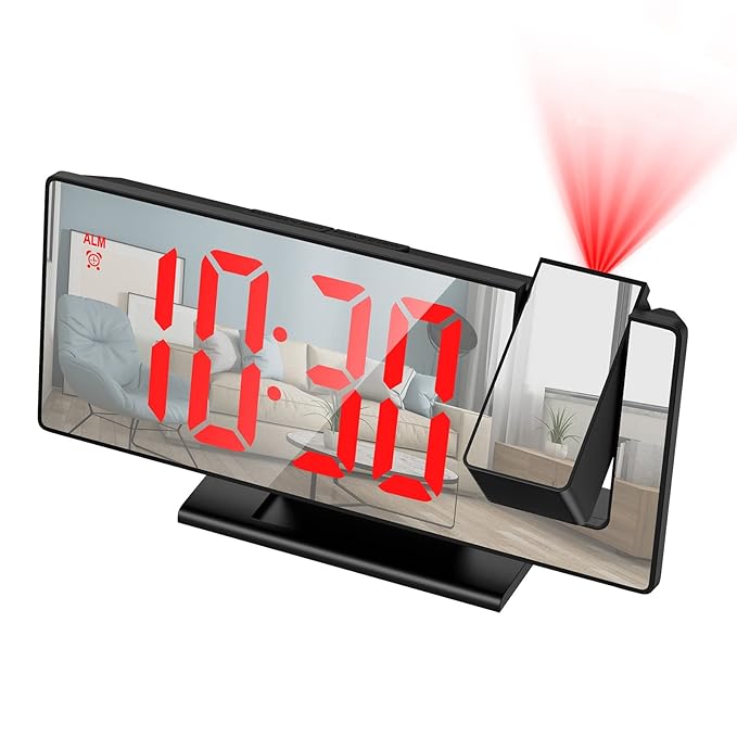 LED Mirror Projection Alarm Clock, 180° Projector, 7.8” Digital Display, Adjustable Brightness, Temp & Humidity, Snooze Function