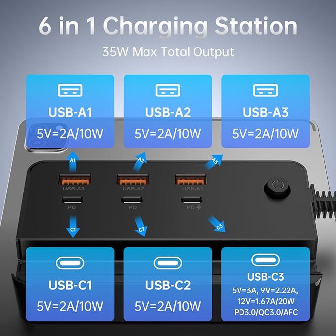 USB Charging Station, 2-in-1 35W Fast Charger with 3 USB + 3 Type-C Ports, Smart Chip Nightstand Charger for Smartphones & Tablets