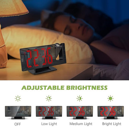 LED Mirror Projection Alarm Clock, 180° Projector, 7.8” Digital Display, Adjustable Brightness, Temp & Humidity, Snooze Function