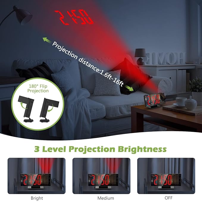 LED Mirror Projection Alarm Clock, 180° Projector, 7.8” Digital Display, Adjustable Brightness, Temp & Humidity, Snooze Function