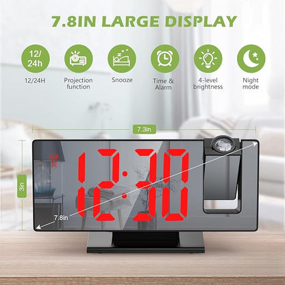 LED Mirror Projection Alarm Clock, 180° Projector, 7.8” Digital Display, Adjustable Brightness, Temp & Humidity, Snooze Function