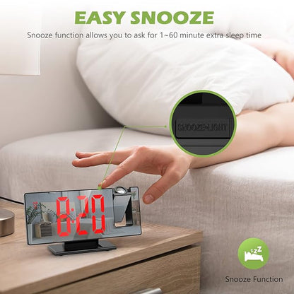 LED Mirror Projection Alarm Clock, 180° Projector, 7.8” Digital Display, Adjustable Brightness, Temp & Humidity, Snooze Function