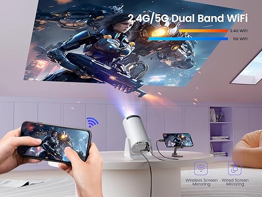 Mini 4K Projector with Android, Portable Full HD 1080P, 4G WiFi, BT5.0, Auto Correction, 180° Rotation, Compatible with Phone/TV Stick/Laptop