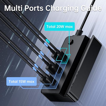 USB Charging Station, 2-in-1 35W Fast Charger with 3 USB + 3 Type-C Ports, Smart Chip Nightstand Charger for Smartphones & Tablets