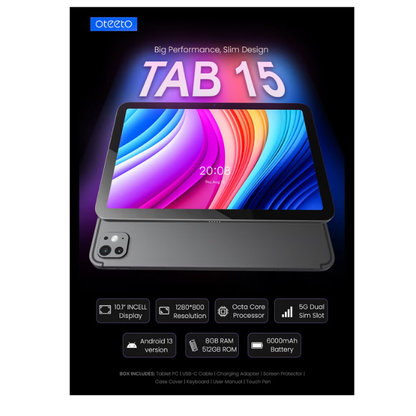 Oteeto TAB 15 Tablet - 10.1” 4G/5G Dual SIM, 8GB RAM + 512GB ROM, Octa-Core, Android 13, iOS-Style OS, 6000mAh, 8MP + 13MP Cameras, Flip Cover & Keyboard Included