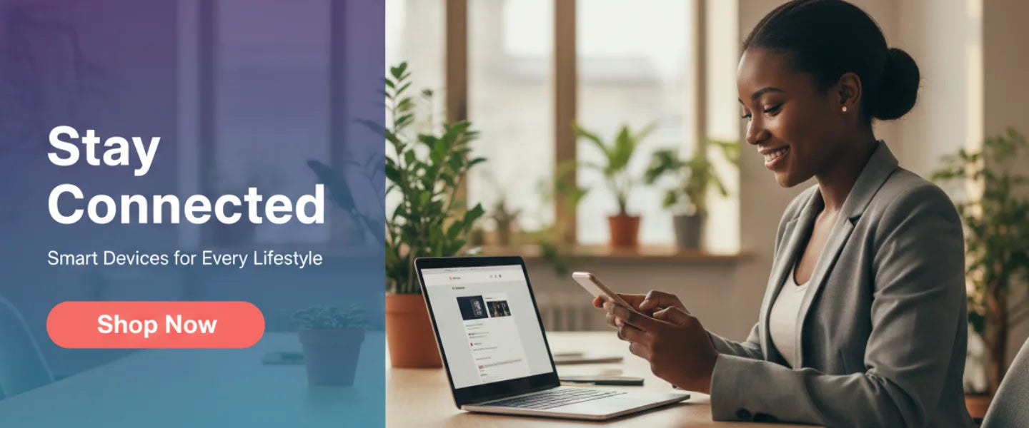 Woman using a smartphone with a laptop on a desk, promotional text 'Stay Connected' on a blue gradient background.