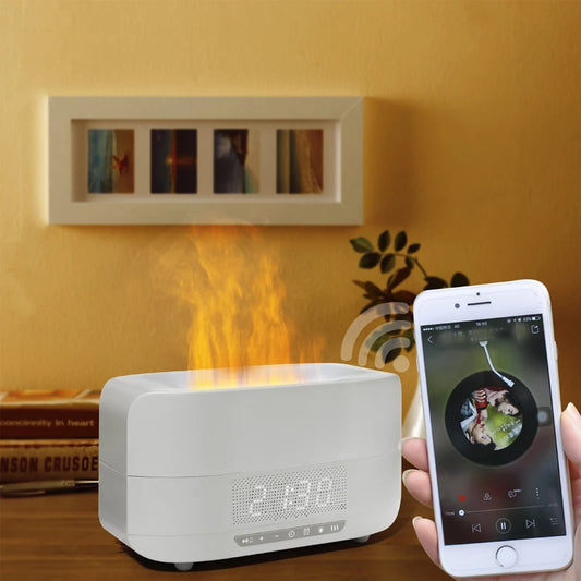 3-in-1 Flame Humidifier with Bluetooth Speaker & Alarm Clock - White