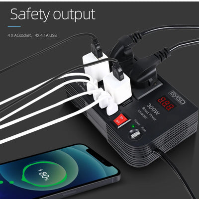 300W Power Inverter Car Charger Adapter, DC to AC Converter. 12V/24V to 110V/220V, for Laptops, Smartphones, and Appliances, Compact and Portable