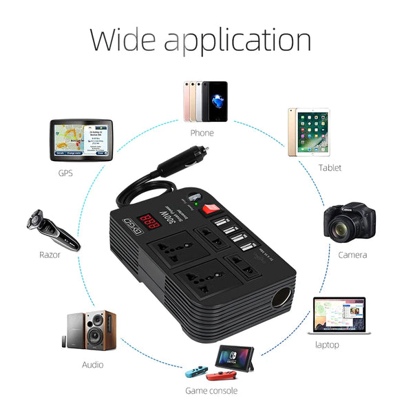 300W Power Inverter Car Charger Adapter, DC to AC Converter. 12V/24V to 110V/220V, for Laptops, Smartphones, and Appliances, Compact and Portable