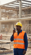 African Engineer with Baofeng Walkie Talkie on Construction Site