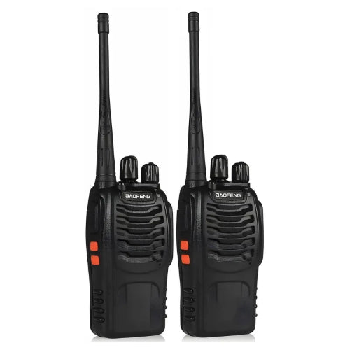 Two black walkie talkies with 'Baofeng' branding on a white background