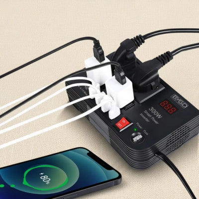 Power strip with multiple outlets and USB ports, connected to a smartphone, on a canvas