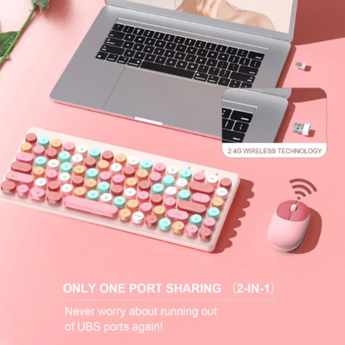 Wireless Mini Keyboard and Mouse Combo - Retro Colorful Round Key Caps, 2.4GHz, 86 Keys (Pink) for PC, Laptop, Desktop, and Mac