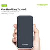 Black power bank held in a hand with Veger branding on a white background