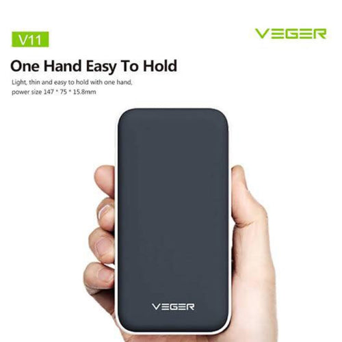 Black power bank held in a hand with Veger branding on a white background