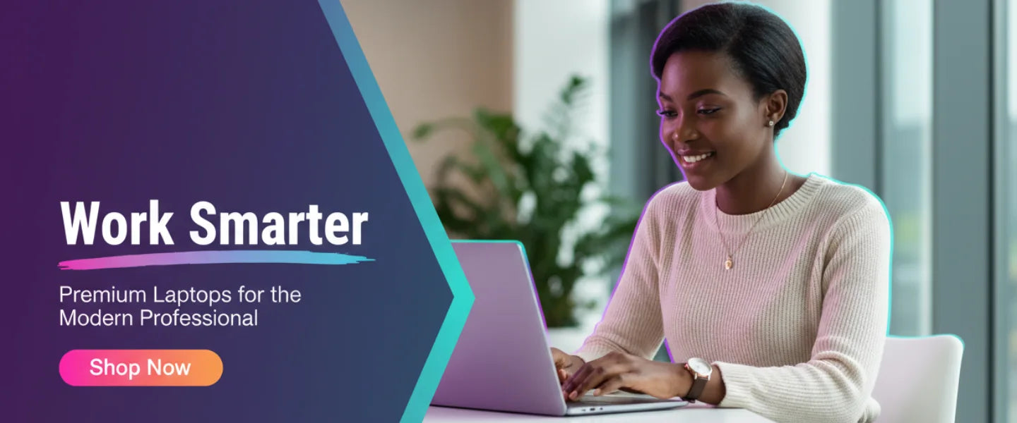 Woman using a laptop with promotional text for 'Work Smarter' laptops.